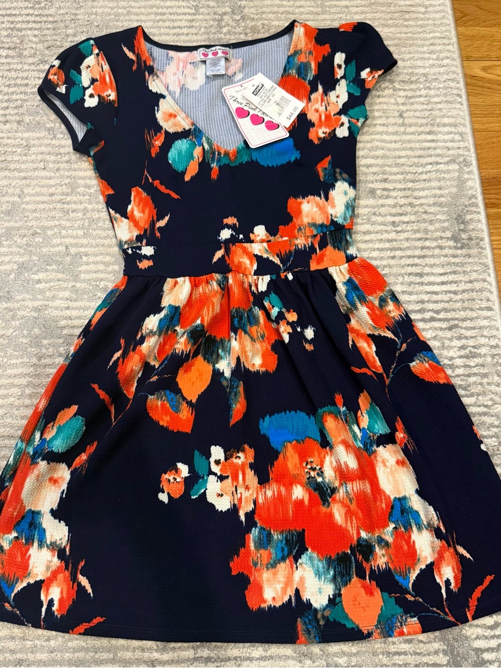 Three Hearts Navy Floral Fit & Flare Dress with Bright Accents